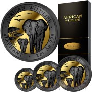 Somalia AFRICAN WILDLIFE ELEPHANT series GOLDEN ENIGMA EDITION 375 Shillings 2015 Black Ruthenium & Gold Plated Four Silver Coin Set 3.75 oz